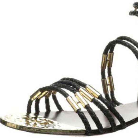 NEW BCBGMaxAzria Royale Black Gold Leather Sandals - Picture 7 of 9